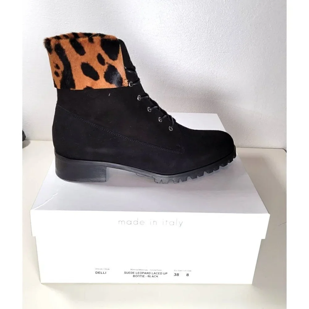 Made In Italy Leopard Animal Print Laced Up Suede Booties Boots Black US 8 EU 38